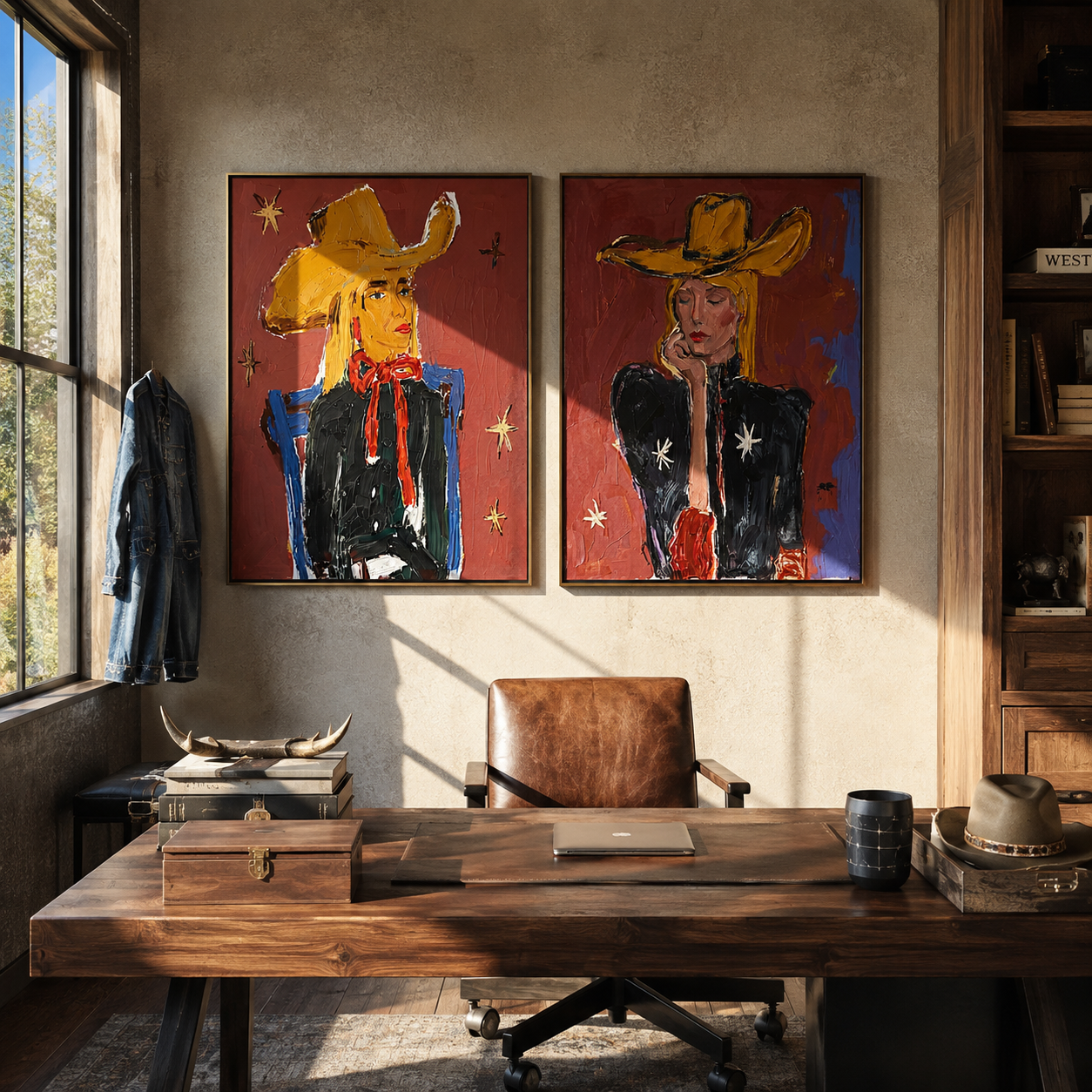 Yellow Hats Speak Loudly two-panel Western artwork with layered color