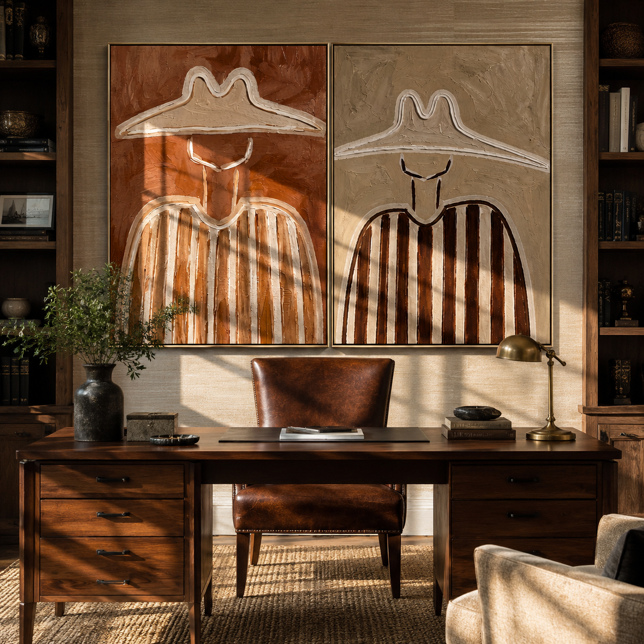 Coral Lines Shape Cowboys paired wall art styled above modern furniture