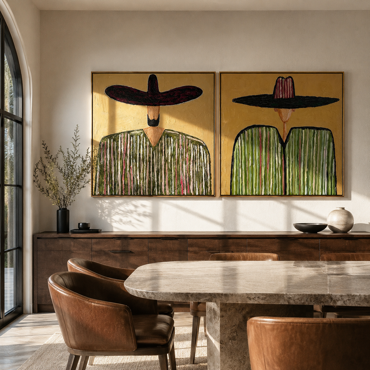 Black Stripes Cross Green Western diptych displayed in a contemporary interior
