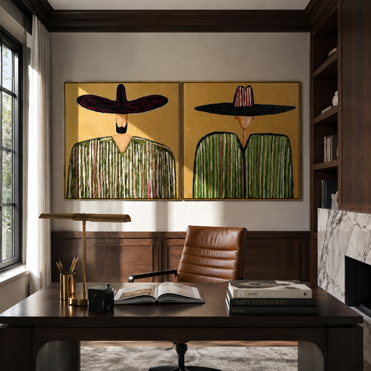 Black Stripes Cross Green Vintage Americana diptych in a collected room