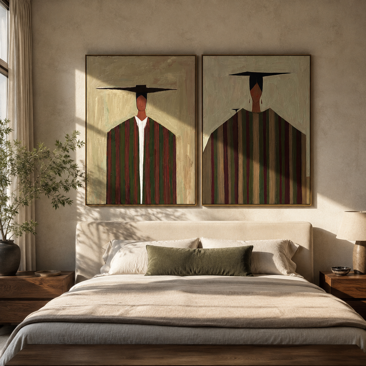 Tall Figures Divide Earth diptych presented with natural materials and decor