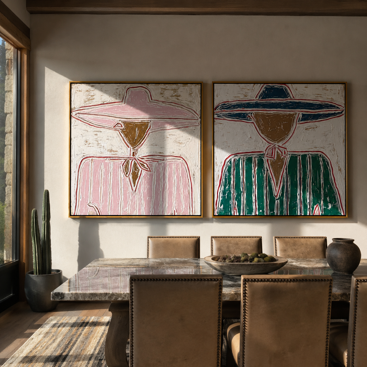 Bandana Lines Face Forward Vintage Americana diptych in a collected room