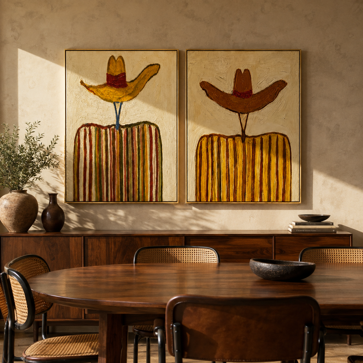 Rust Sombreros Reach High Western diptych displayed in a contemporary interior