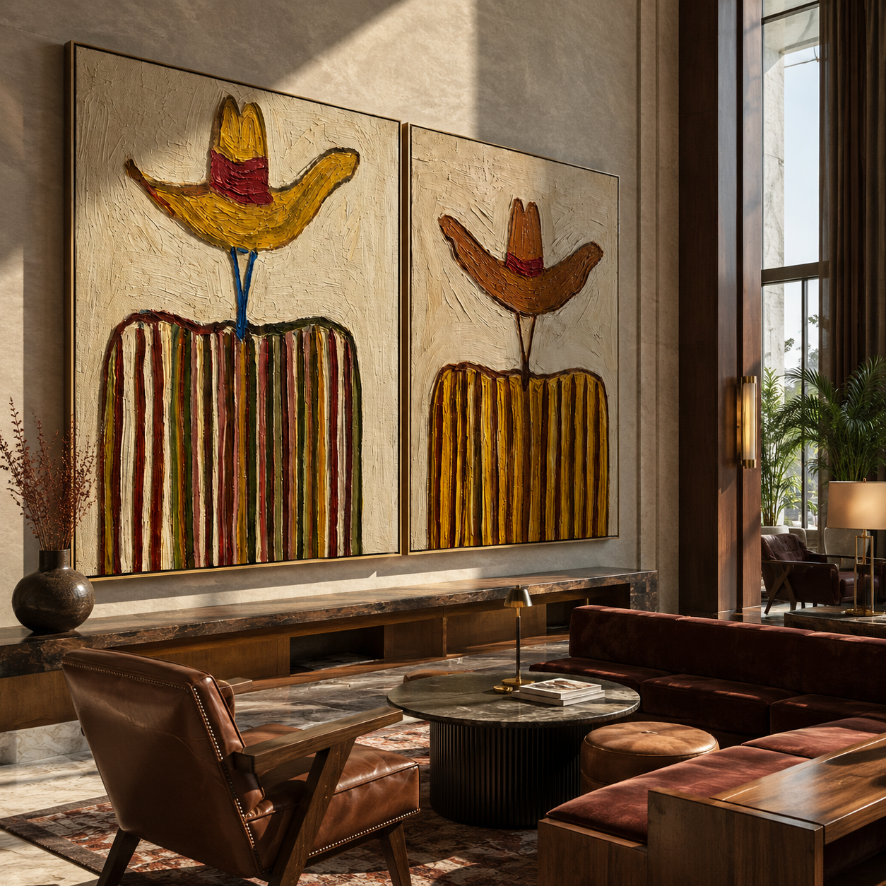 Rust Sombreros Reach High paired wall art styled above modern furniture