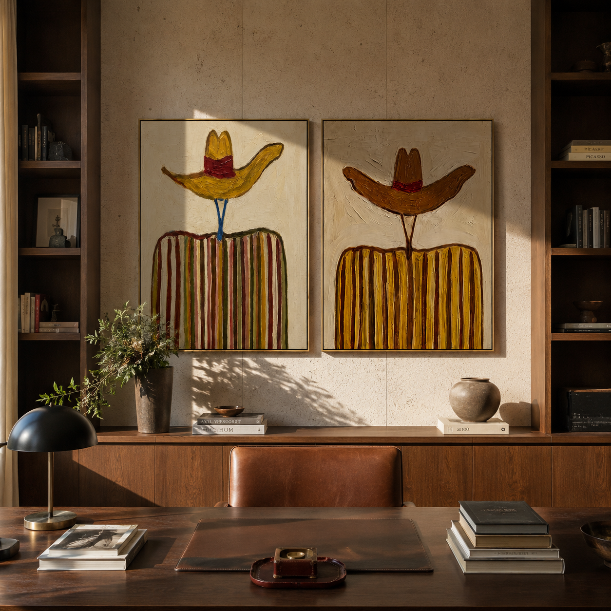 Rust Sombreros Reach High Vintage Americana diptych in a collected room