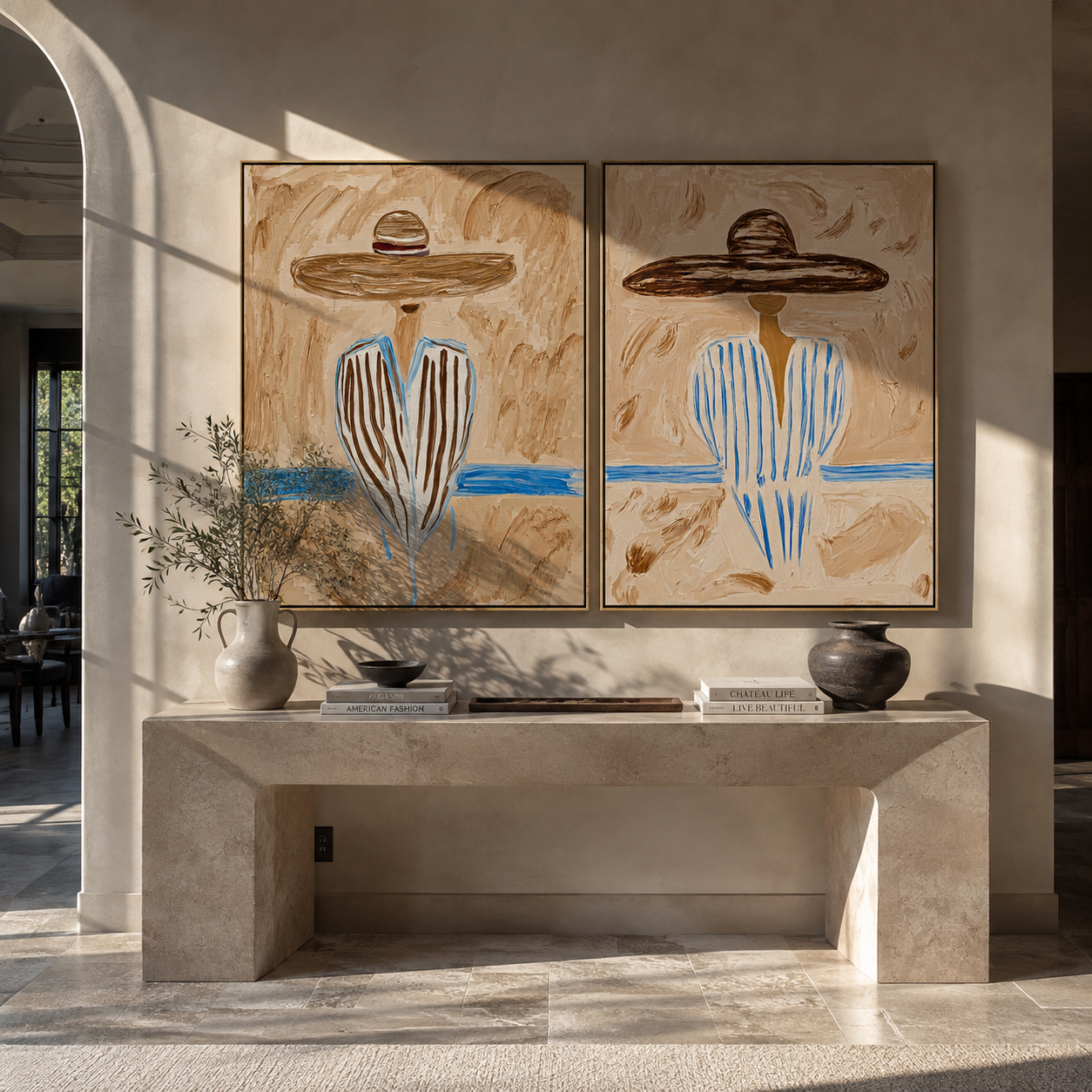 Blue Horizon Shades Brims diptych presented with natural materials and decor