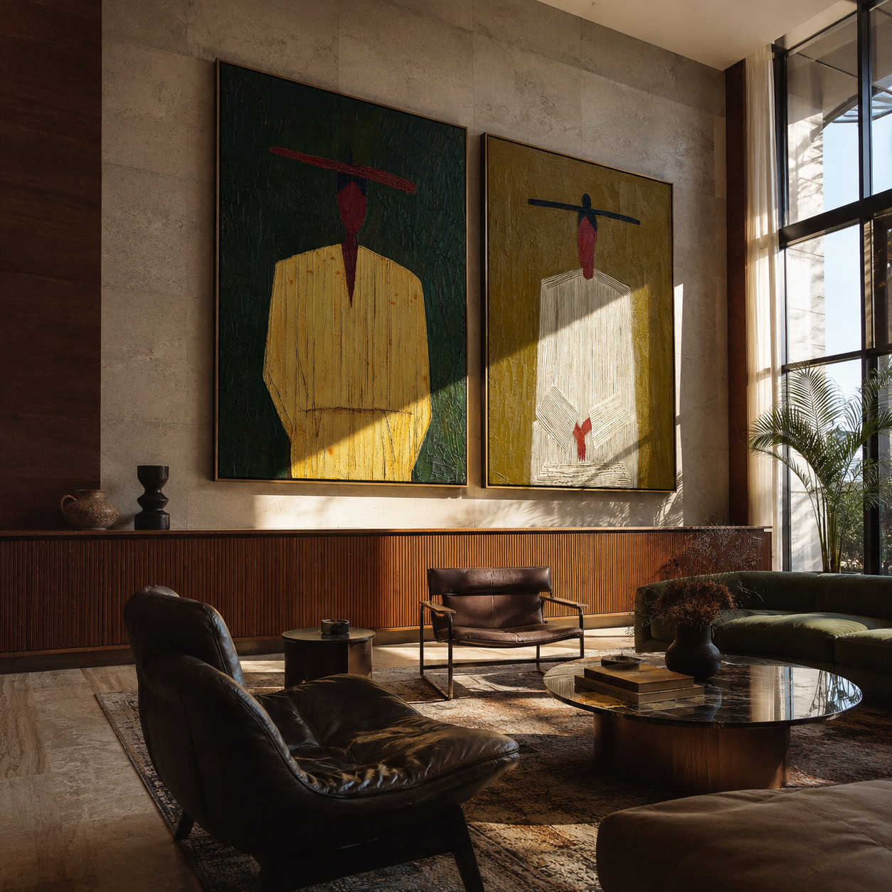 Green And Red Stand Vintage Americana diptych in a collected room
