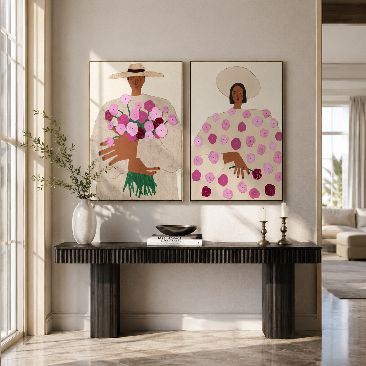 Bouquet Women Hold Spring Western diptych displayed in a contemporary interior