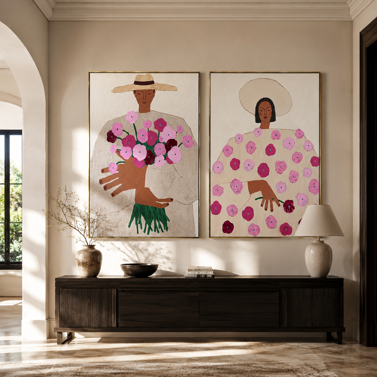 Bouquet Women Hold Spring diptych presented with natural materials and decor