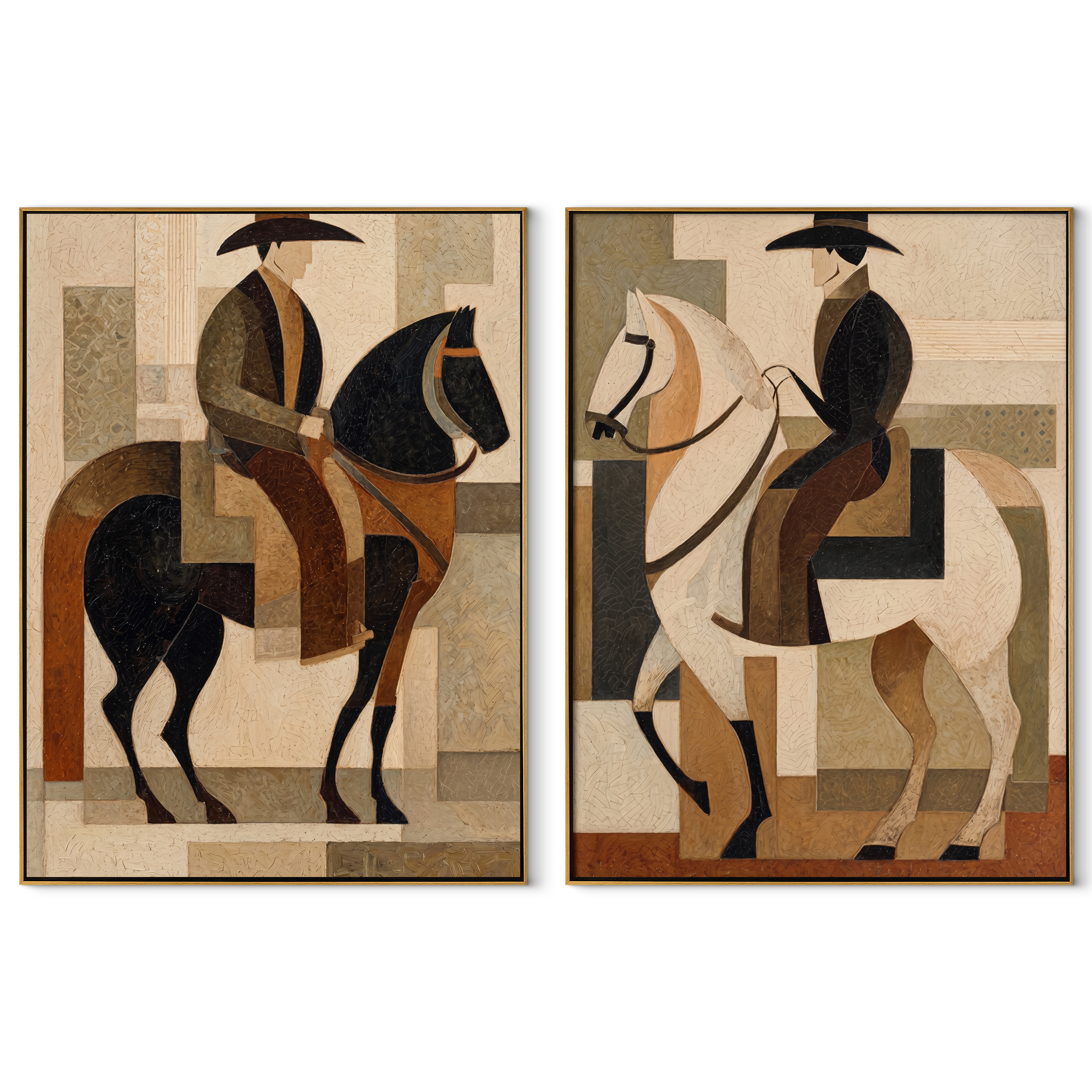 Riders Build Quiet Geometry set of two vertical canvas artworks on white