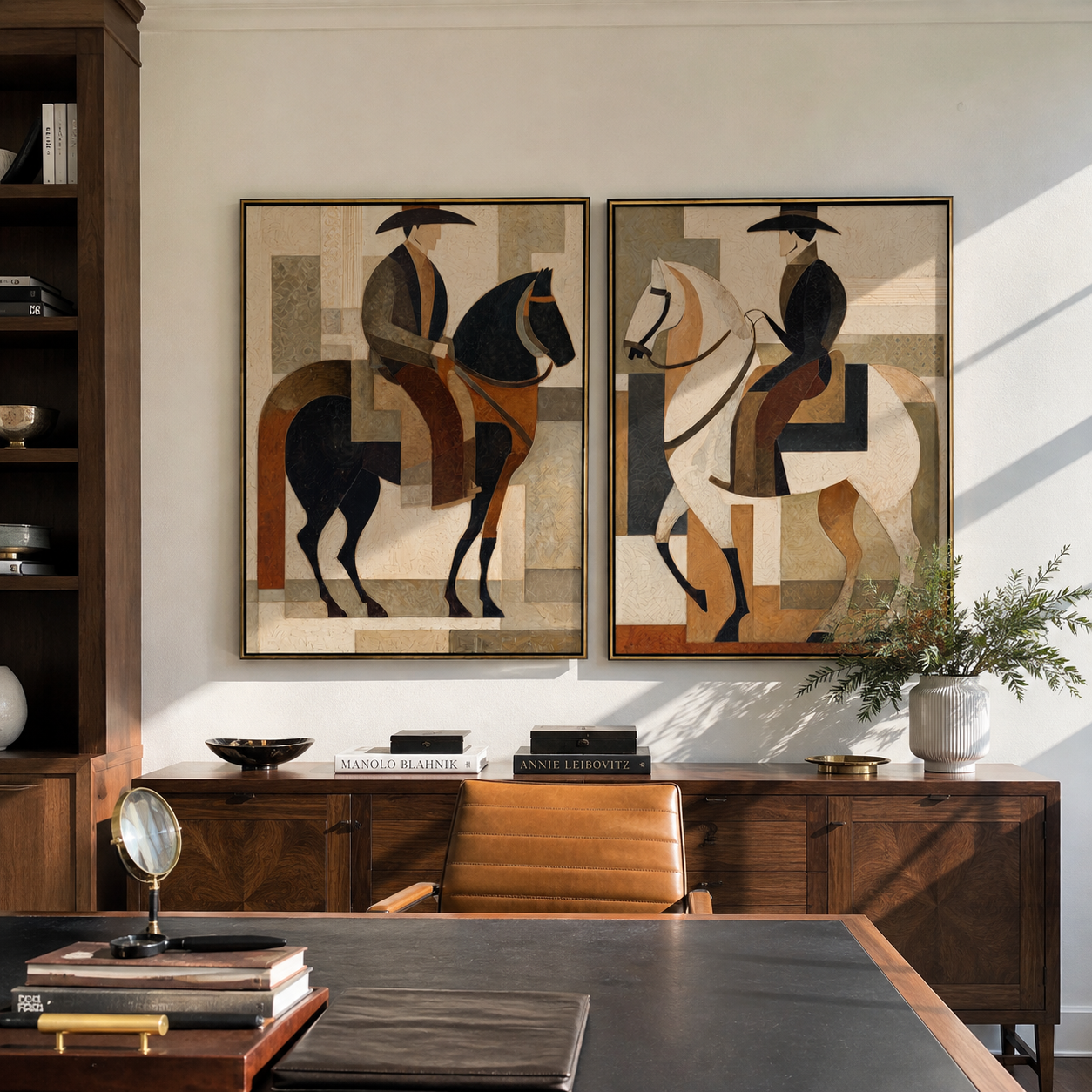 Riders Build Quiet Geometry diptych presented with natural materials and decor