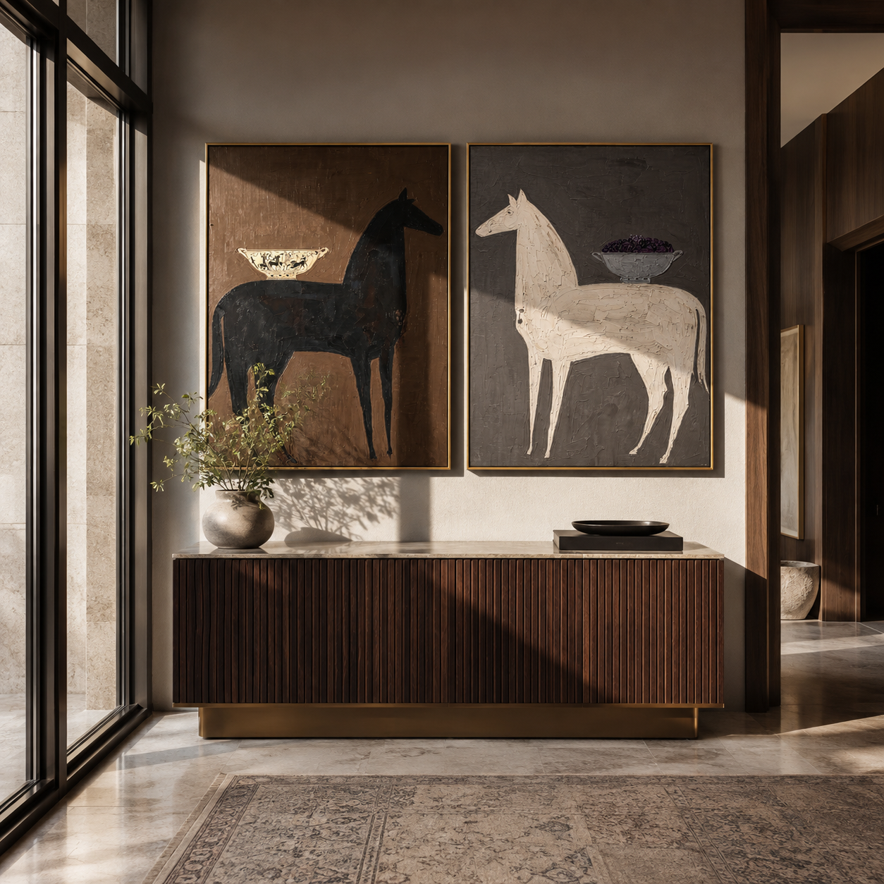 Patterned Saddles Cross Charcoal Western diptych displayed in a contemporary interior