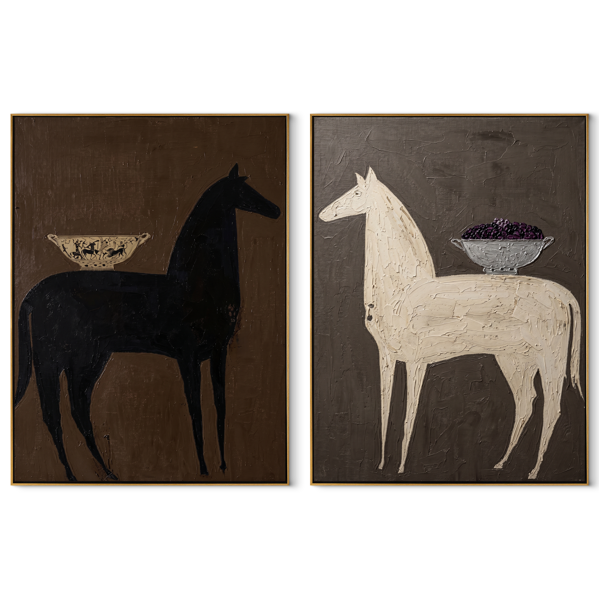Patterned Saddles Cross Charcoal set of two vertical canvas artworks on white