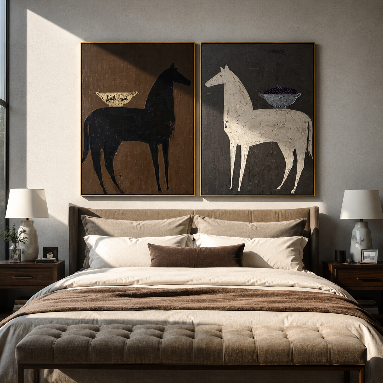 Patterned Saddles Cross Charcoal diptych presented with natural materials and decor