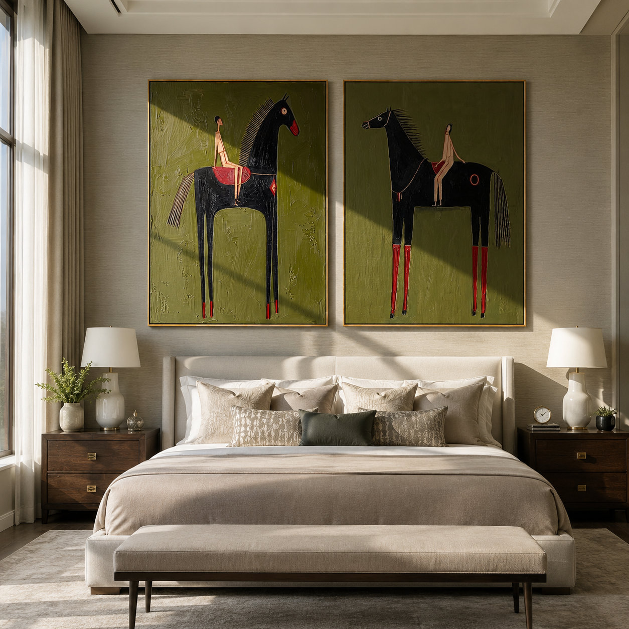 Black Horses Stand Tall Western diptych displayed in a contemporary interior