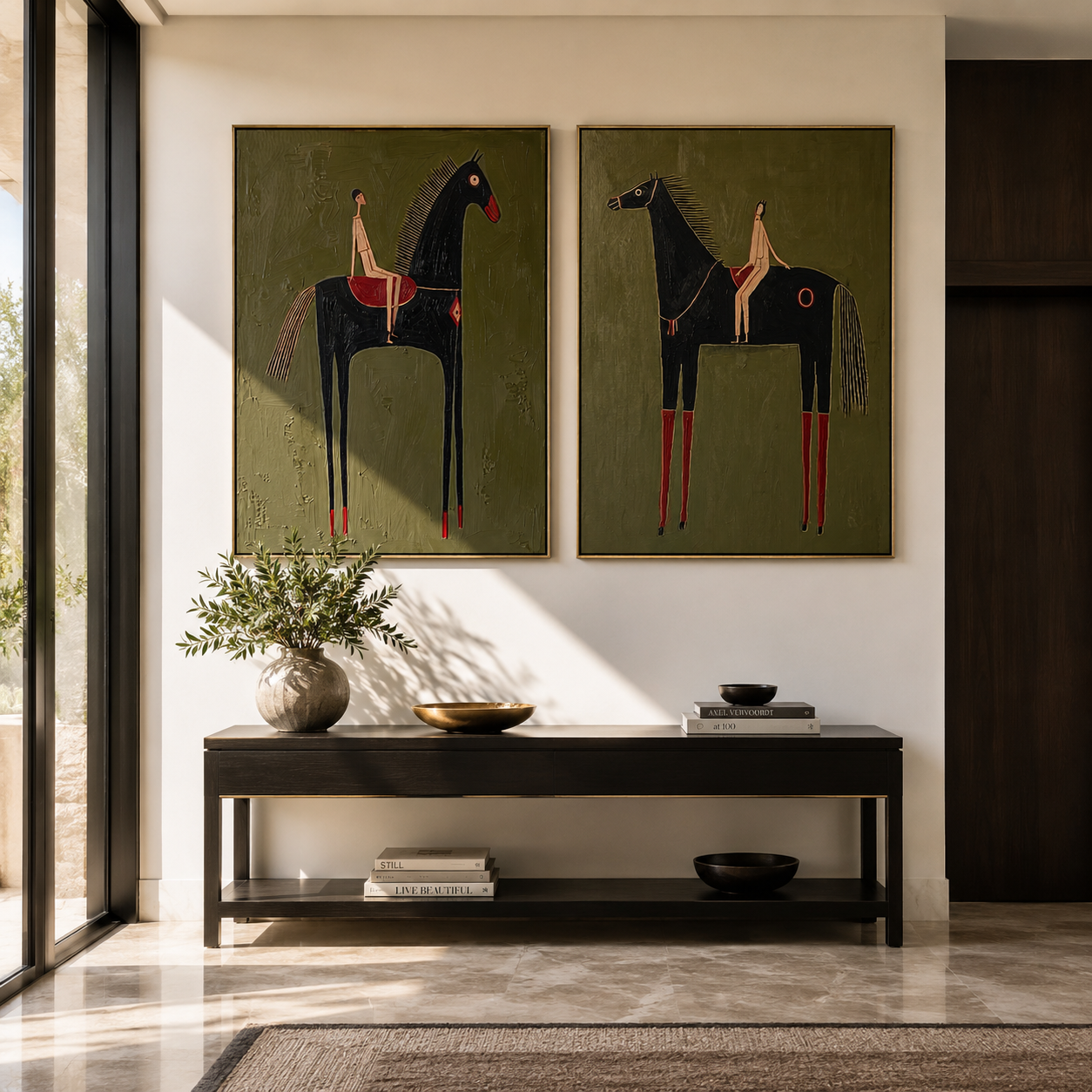 Black Horses Stand Tall paired wall art styled above modern furniture