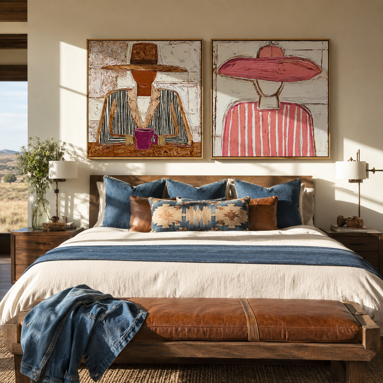 Cafe Cowgirls Hold Cups Western diptych displayed in a contemporary interior