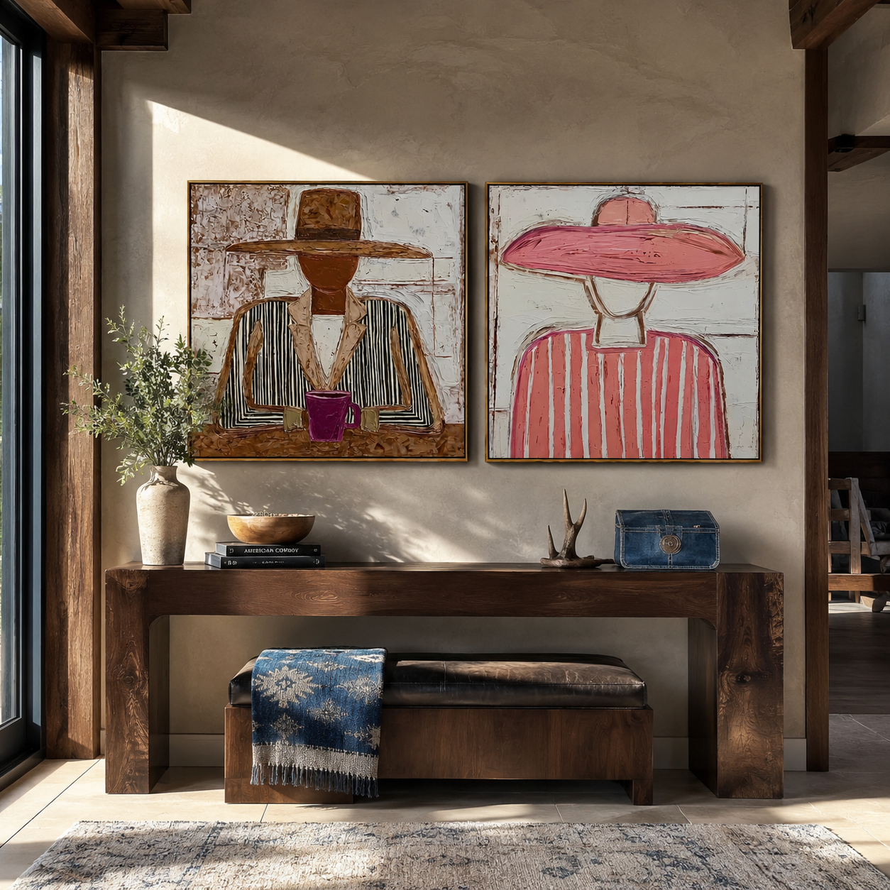 Cafe Cowgirls Hold Cups paired wall art styled above modern furniture