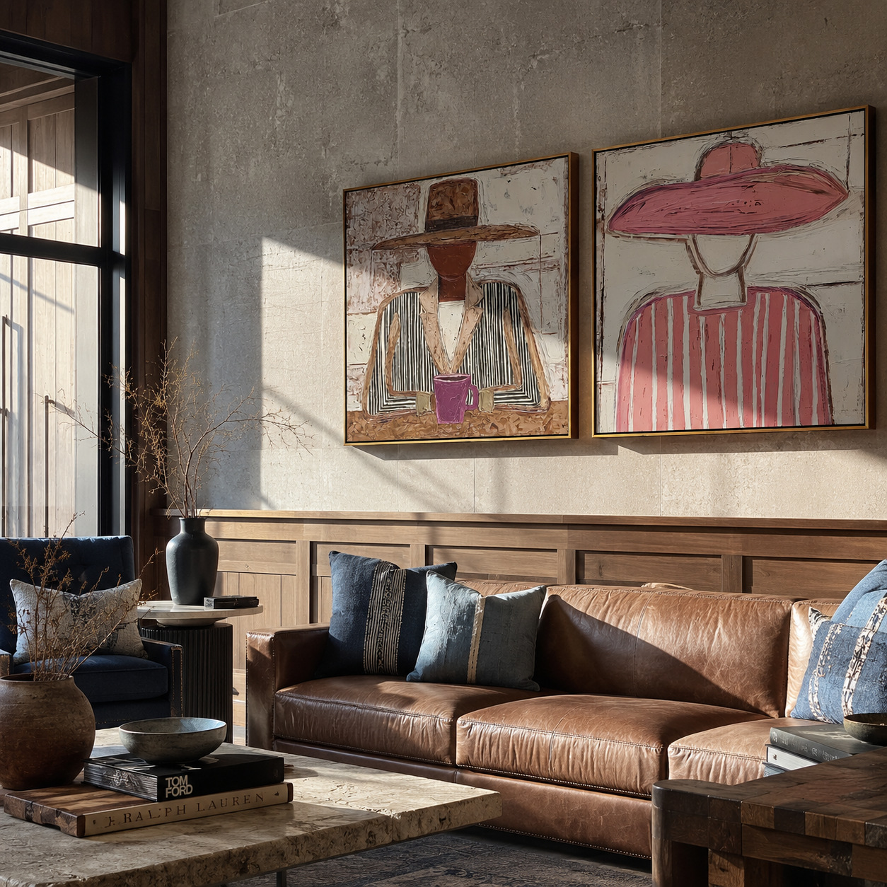 Cafe Cowgirls Hold Cups two-panel Western artwork with layered color