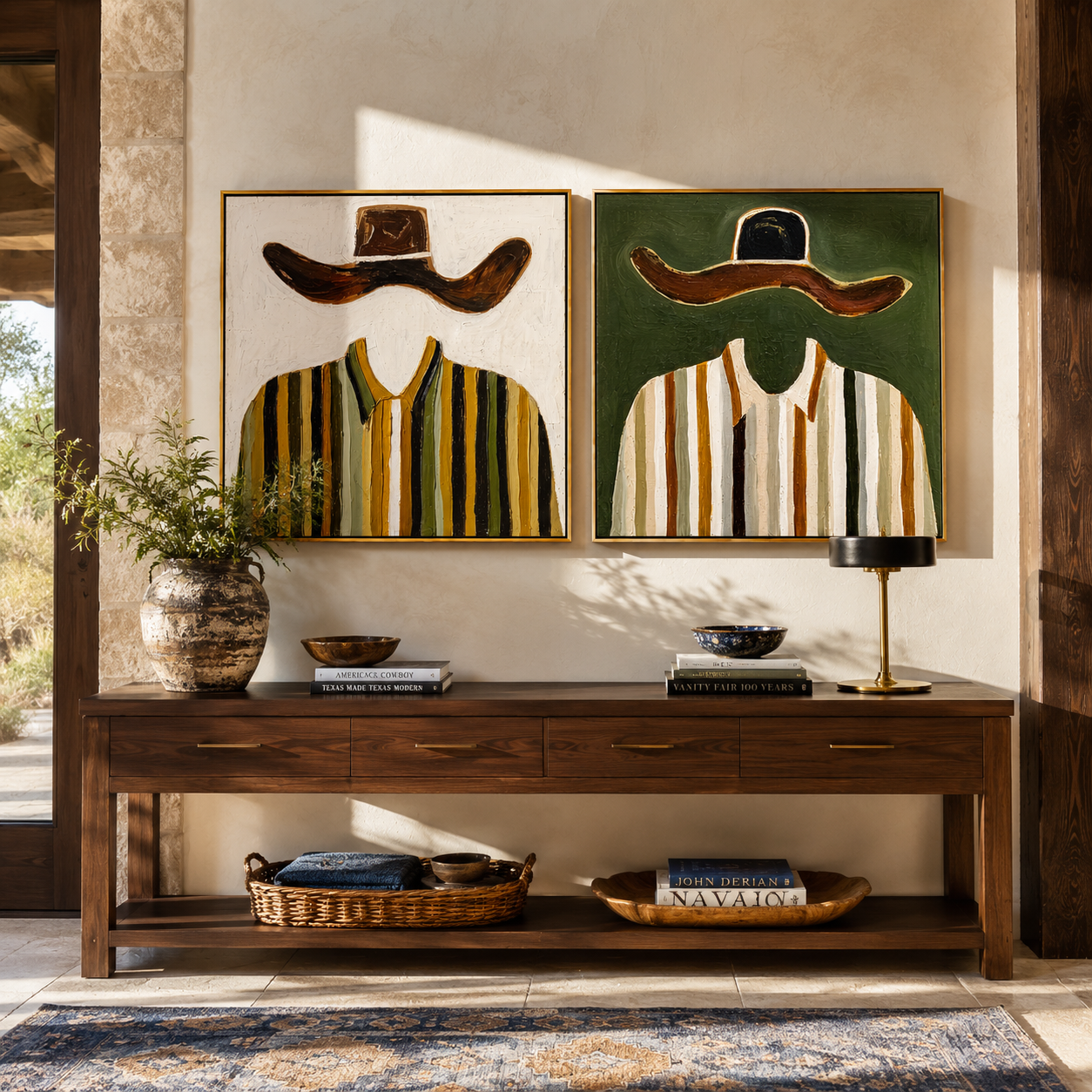 Mustard Shirts Meet Green paired wall art styled above modern furniture