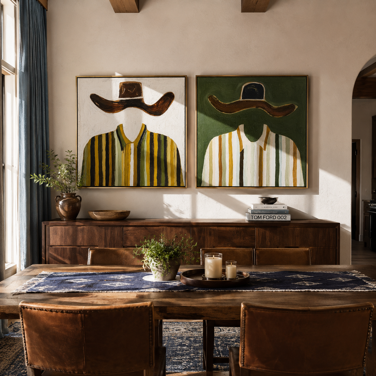 Mustard Shirts Meet Green Vintage Americana diptych in a collected room