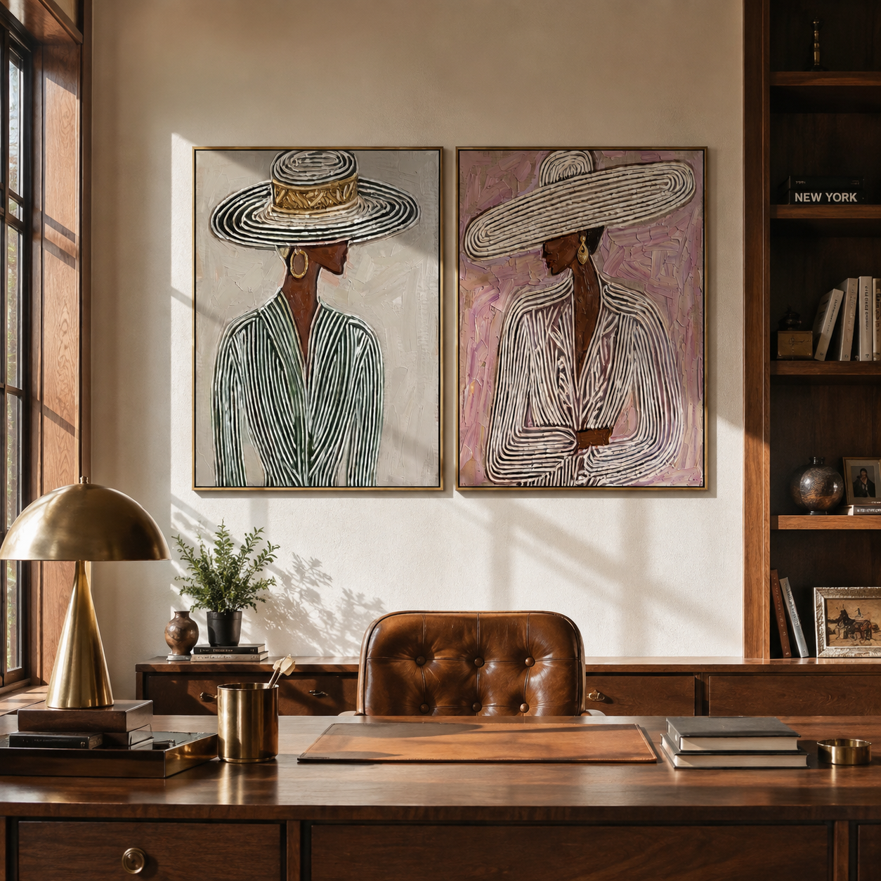 Pinstripe Brims Hold Grace Vintage Americana diptych in a collected room
