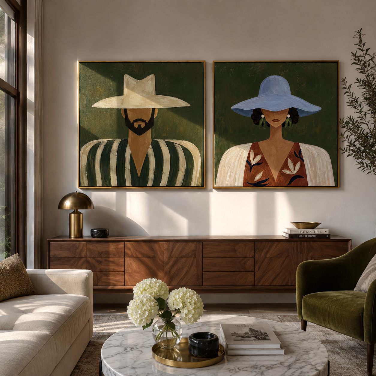 Two Brims Frame Faces Western diptych displayed in a contemporary interior