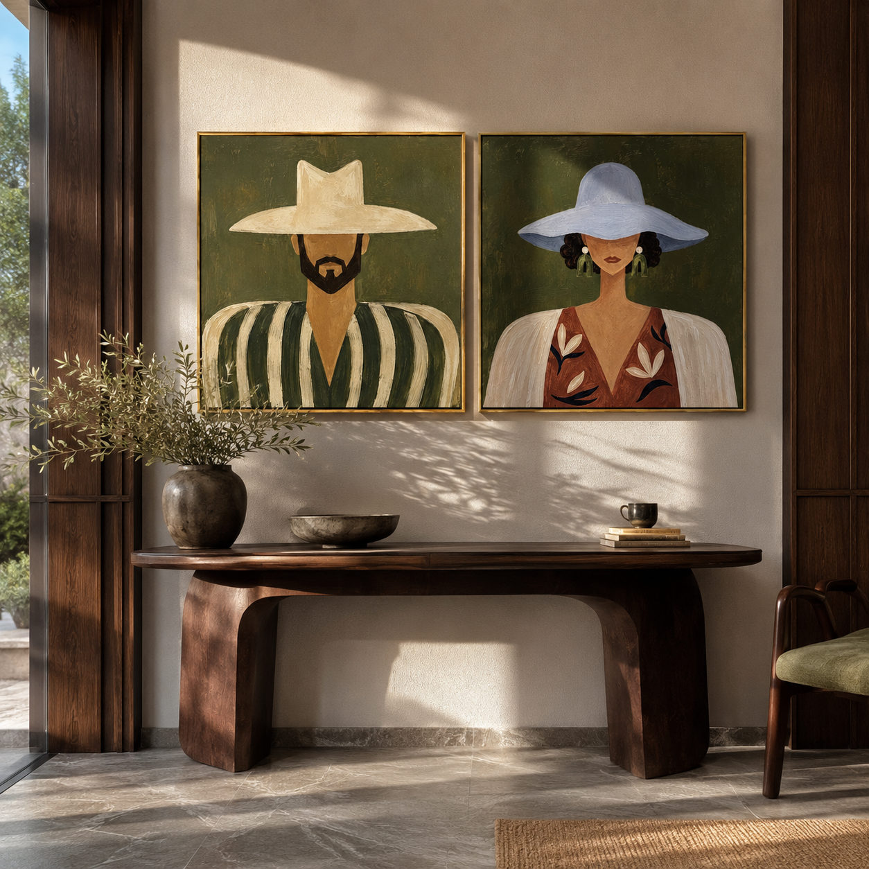 Two Brims Frame Faces Vintage Americana diptych in a collected room