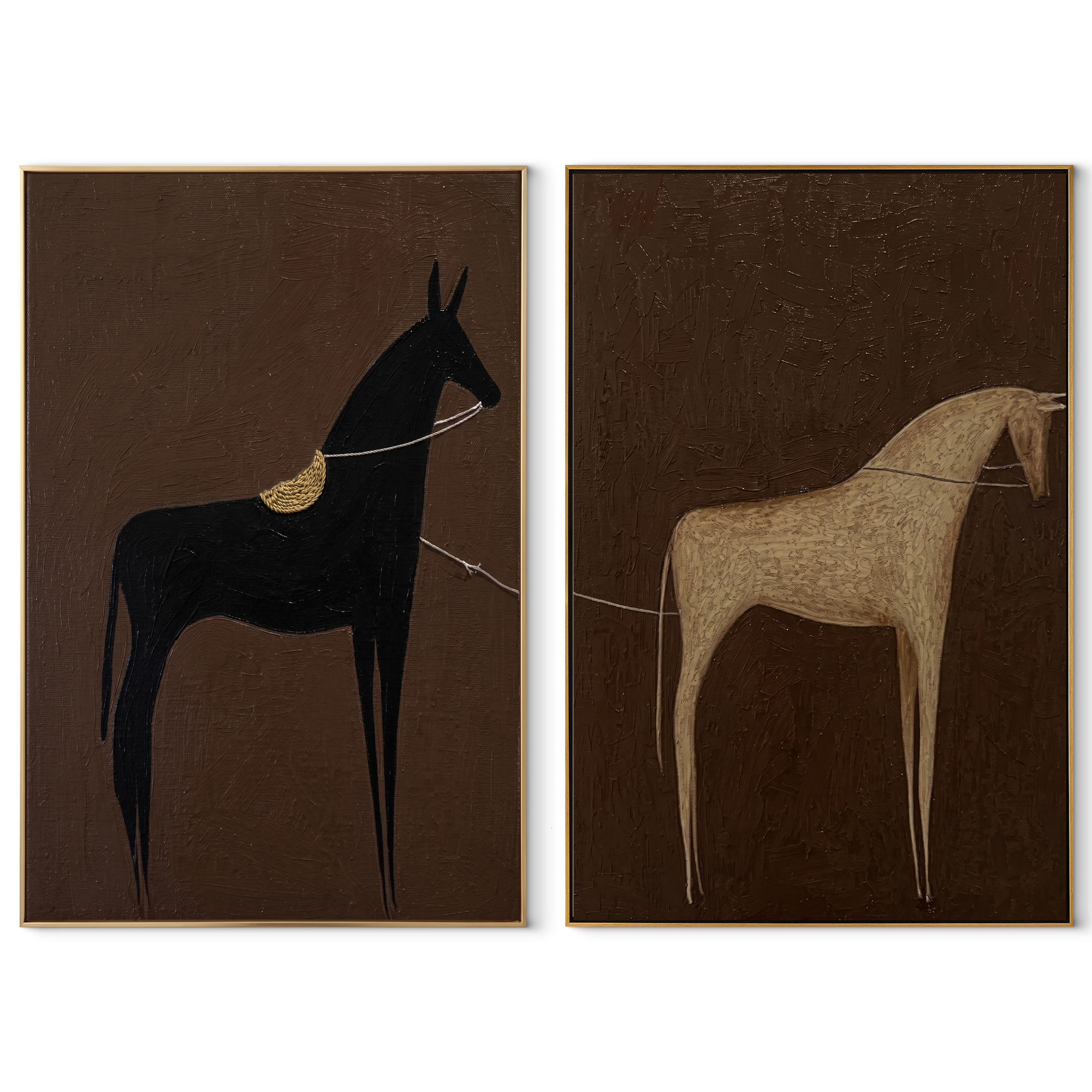 Pale Horse Meets Shadow set of two vertical canvas artworks on white
