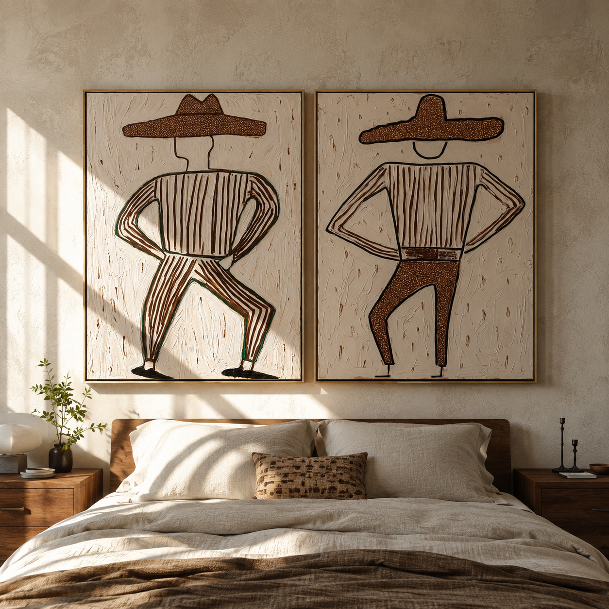 Dancing Cowboys Trace Dust Western diptych displayed in a contemporary interior