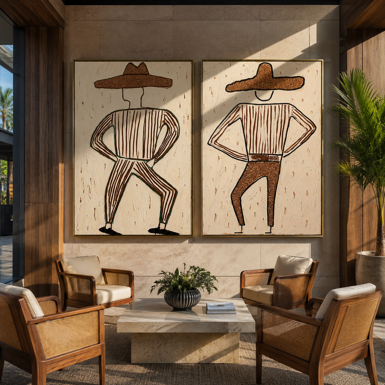 Dancing Cowboys Trace Dust paired wall art styled above modern furniture