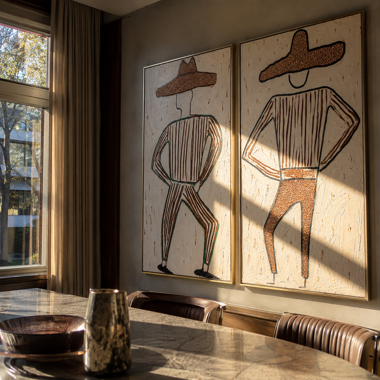 Dancing Cowboys Trace Dust Vintage Americana diptych in a collected room
