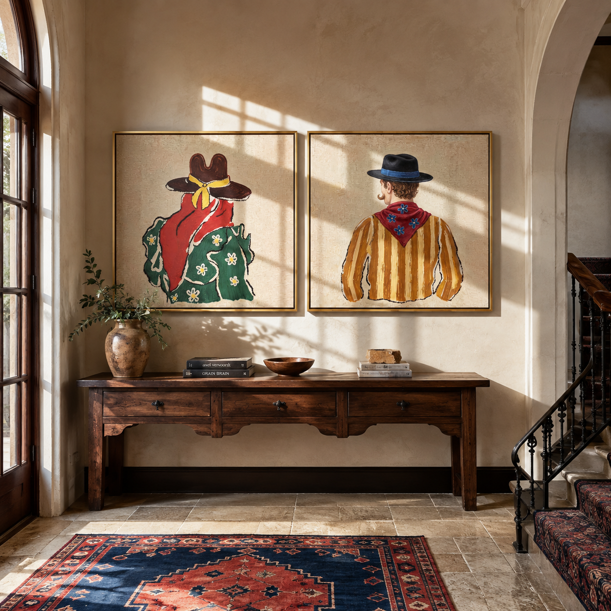 Bandanas Turn Toward Distance Western diptych displayed in a contemporary interior