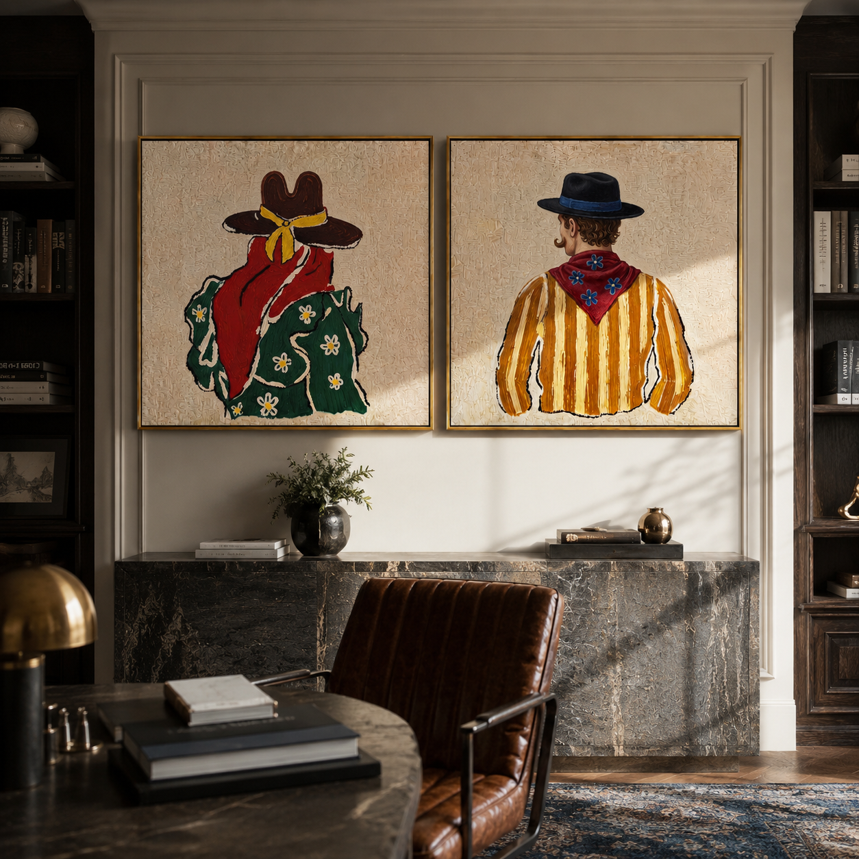 Bandanas Turn Toward Distance diptych presented with natural materials and decor