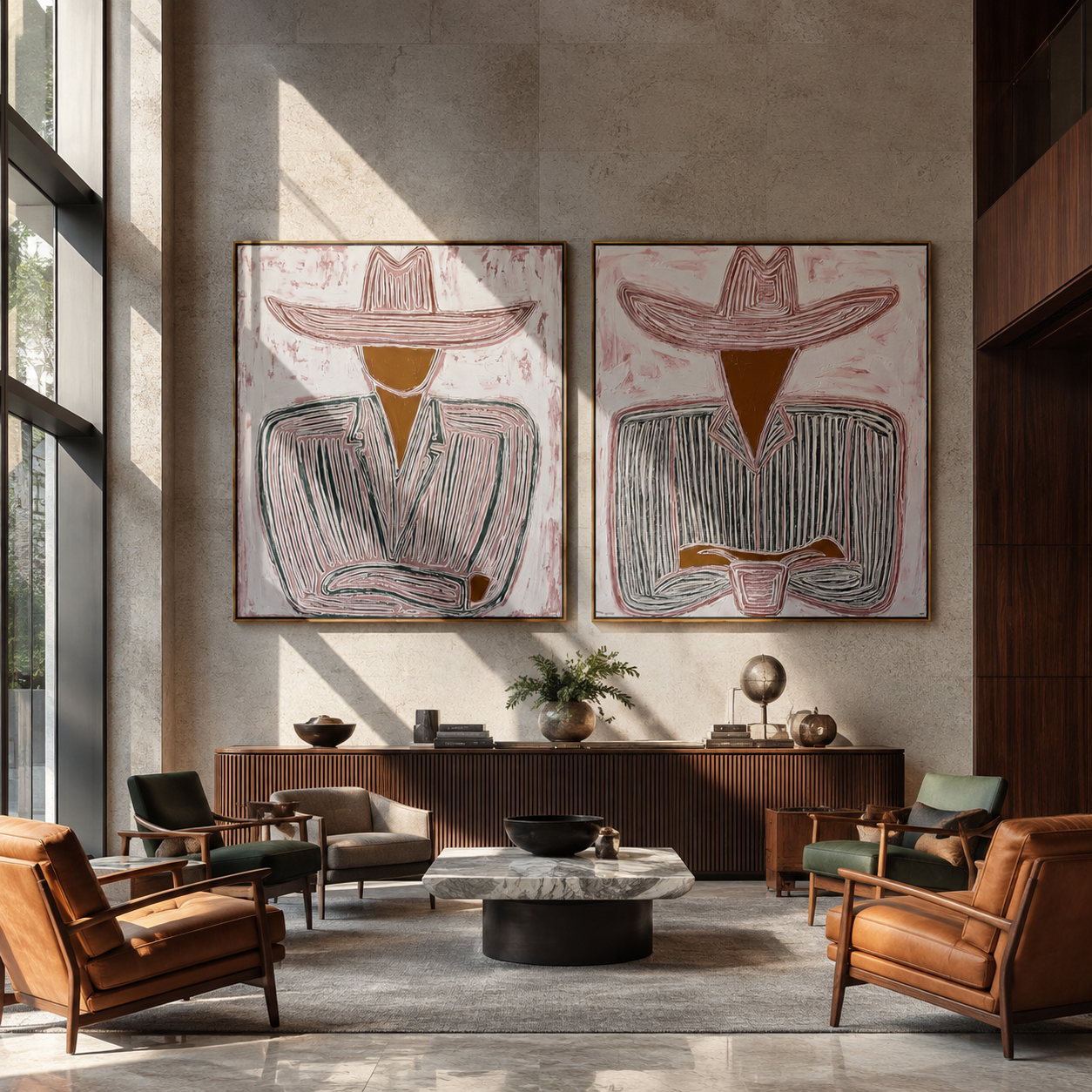 Seated Cowboys Draw Lines Vintage Americana diptych in a collected room
