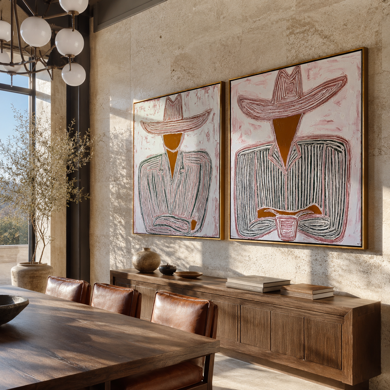 Seated Cowboys Draw Lines two-panel Western artwork with layered color