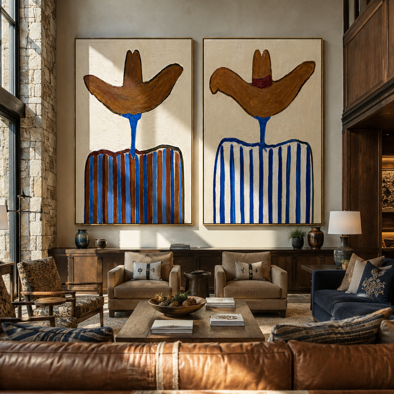 Blue Stripes Shade Sombreros Western diptych displayed in a contemporary interior