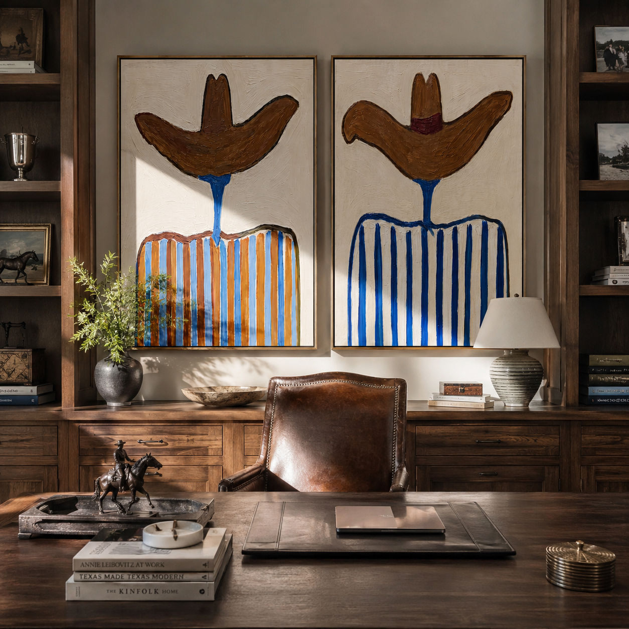 Blue Stripes Shade Sombreros two-panel Western artwork with layered color