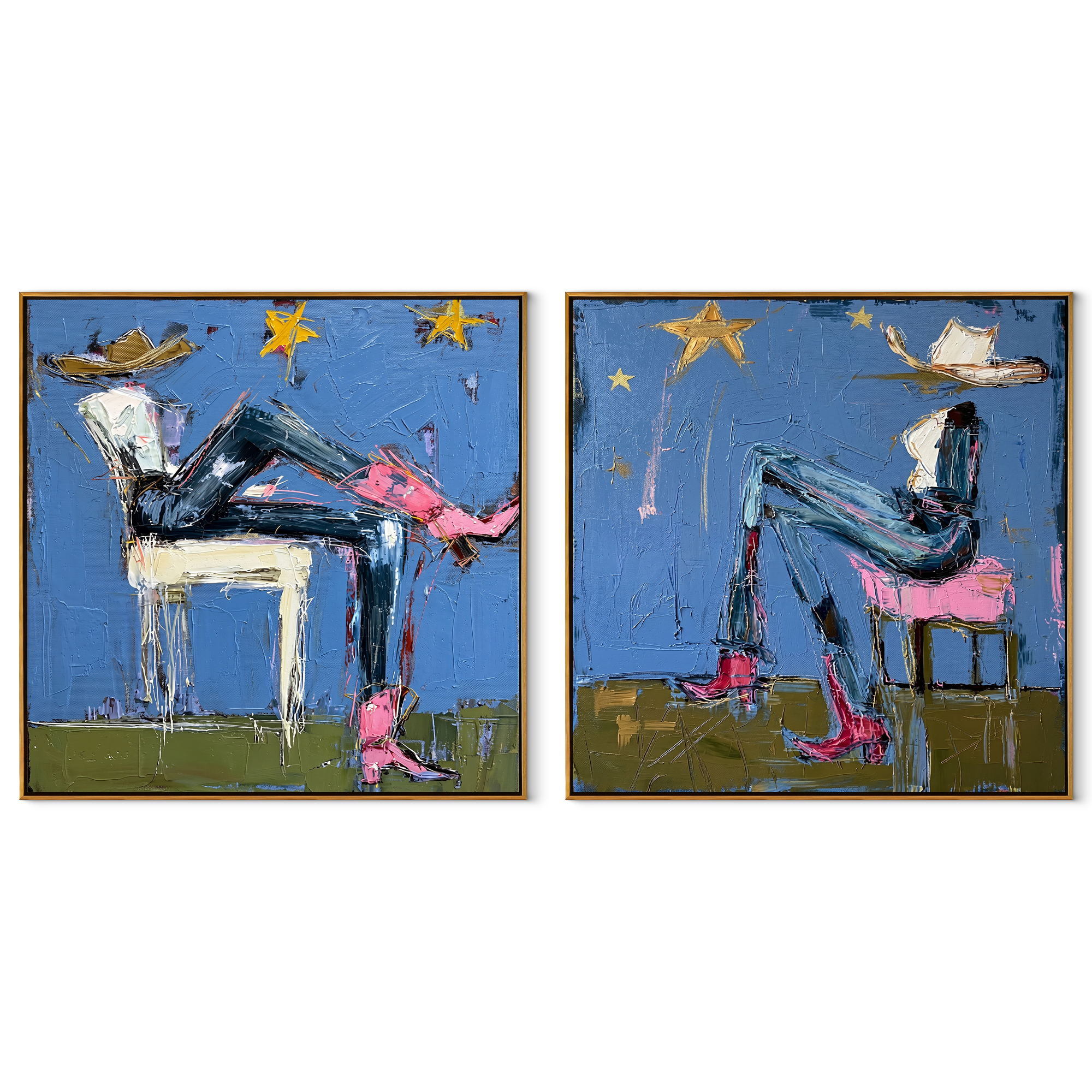 Night Riders Under Stars set of two square canvas artworks on white