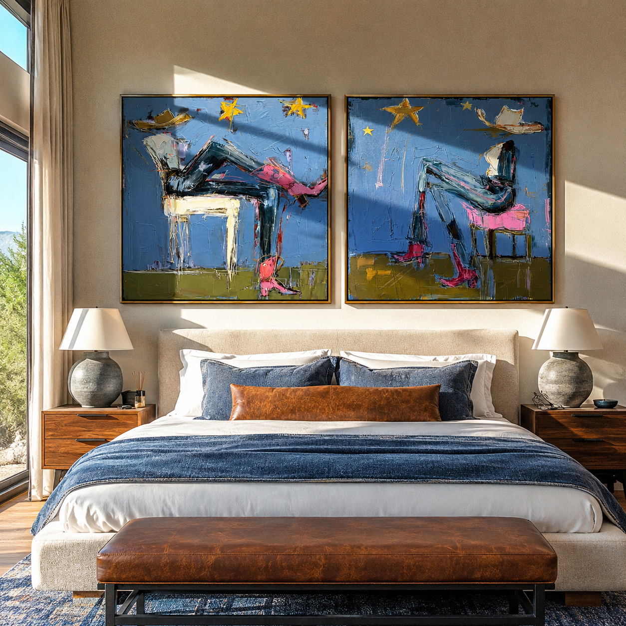 Night Riders Under Stars paired wall art styled above modern furniture