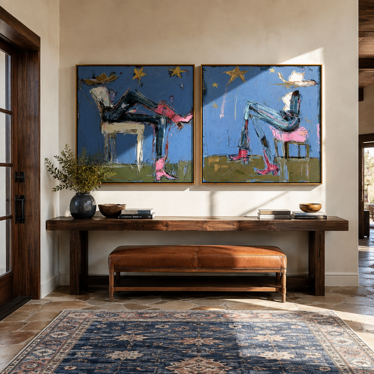 Night Riders Under Stars Vintage Americana diptych in a collected room