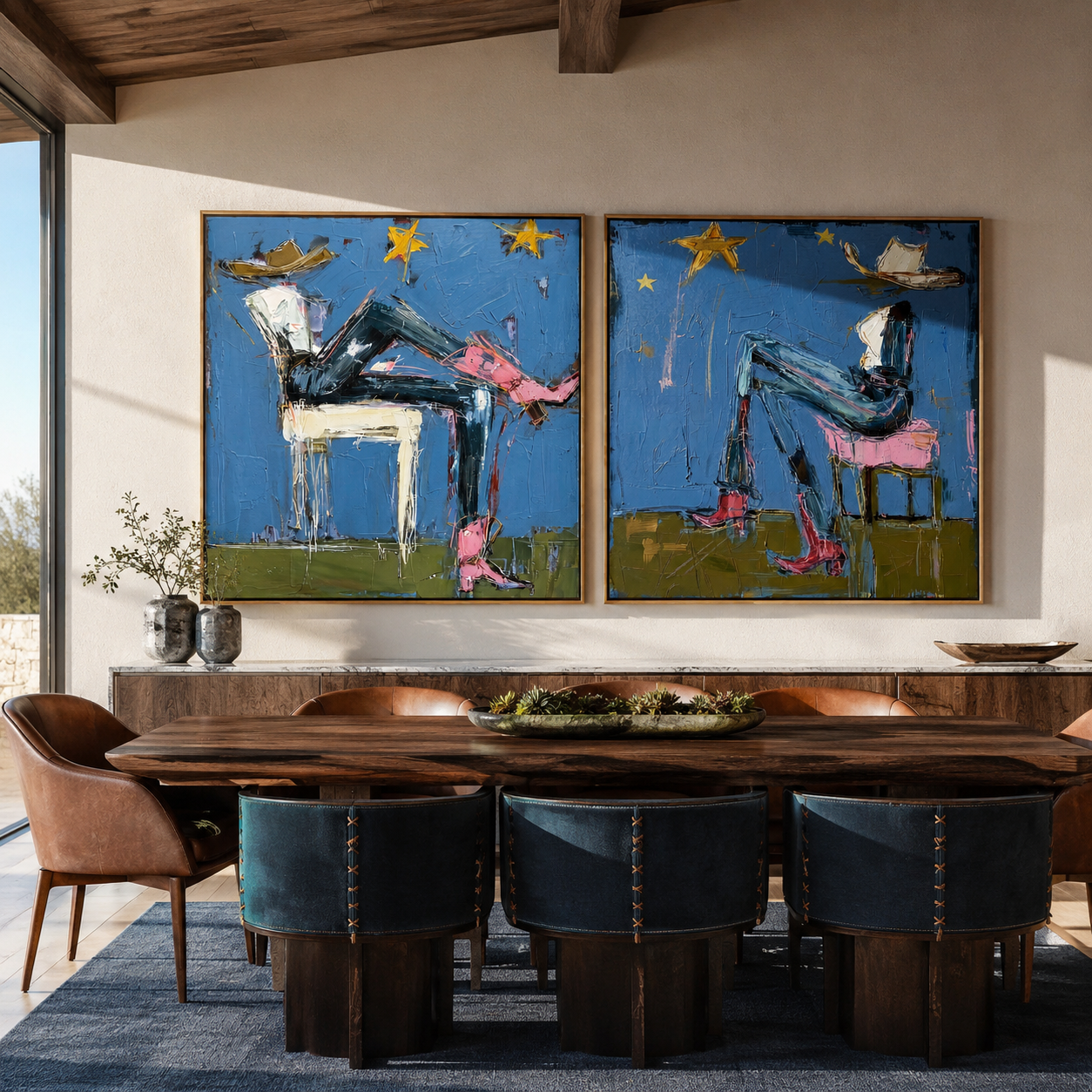 Night Riders Under Stars two-panel Western artwork with layered color