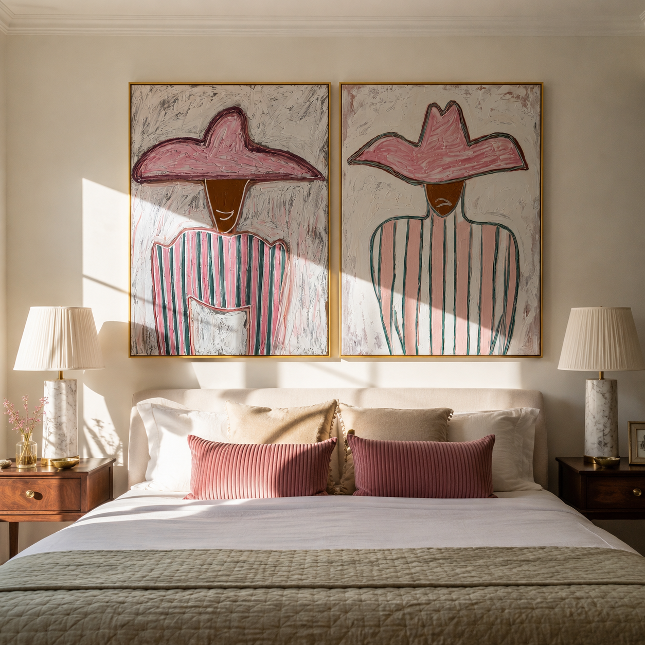 Pastel Stripes Face Daylight Western diptych displayed in a contemporary interior