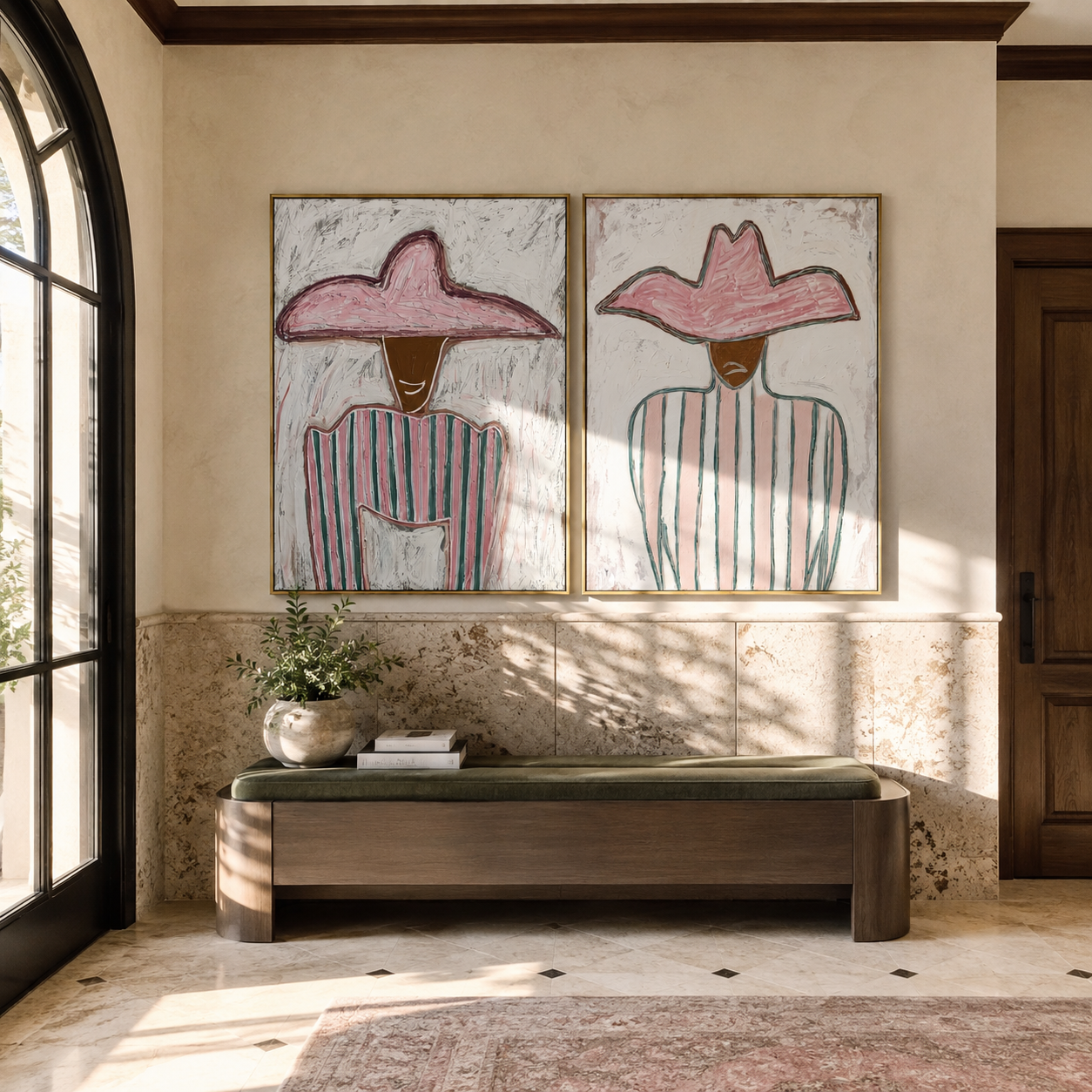 Pastel Stripes Face Daylight paired wall art styled above modern furniture
