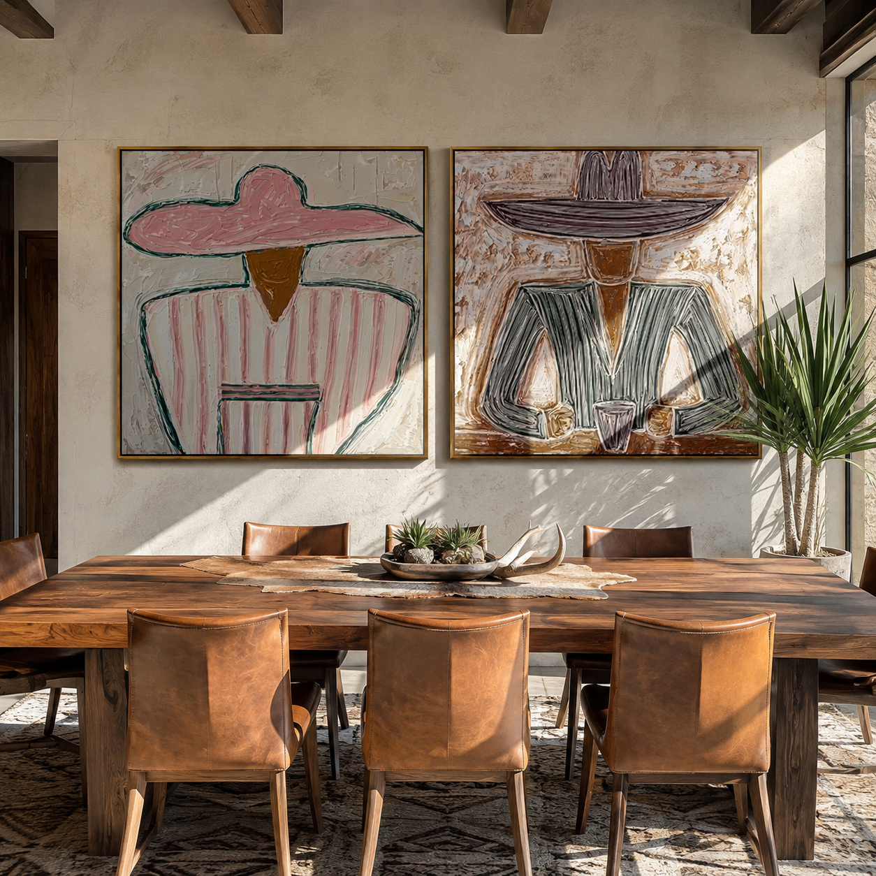 Cafe Portraits Share Warmth Western diptych displayed in a contemporary interior