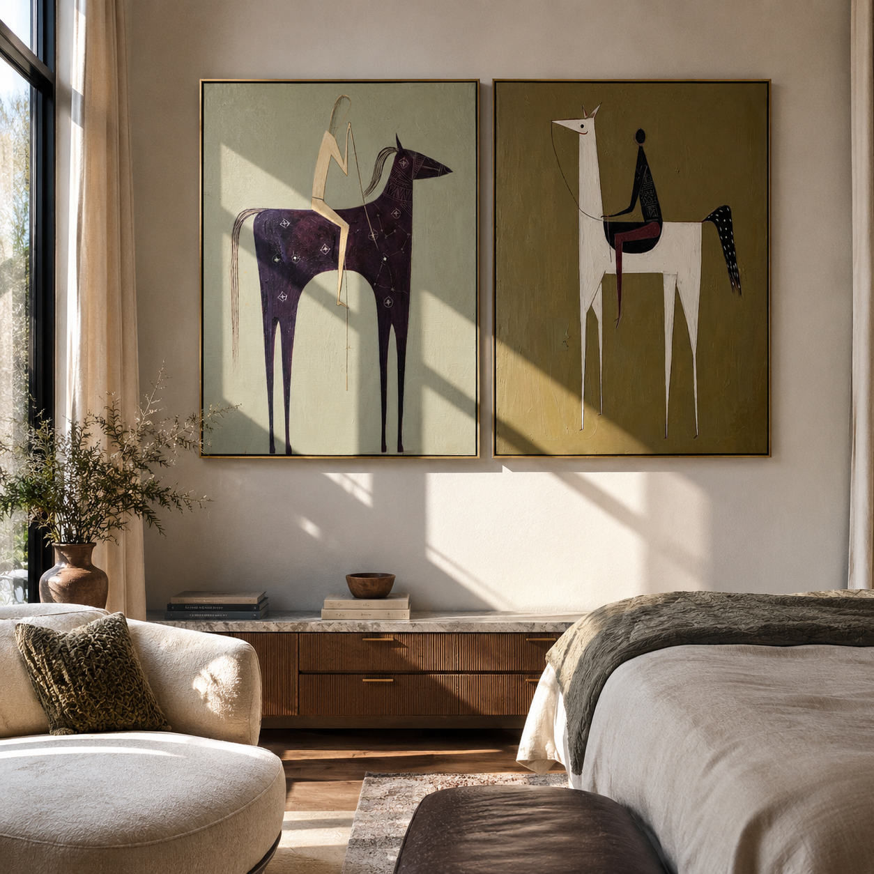 Primitive Riders Stand Tall Western diptych displayed in a contemporary interior