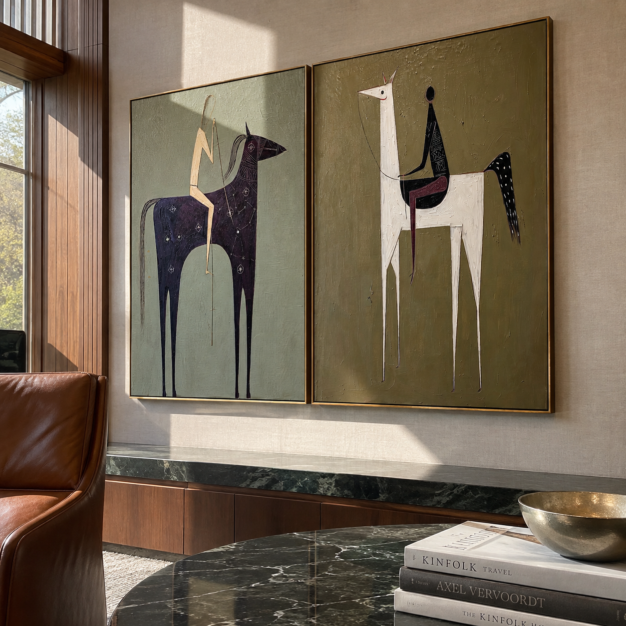 Primitive Riders Stand Tall two-panel Western artwork with layered color
