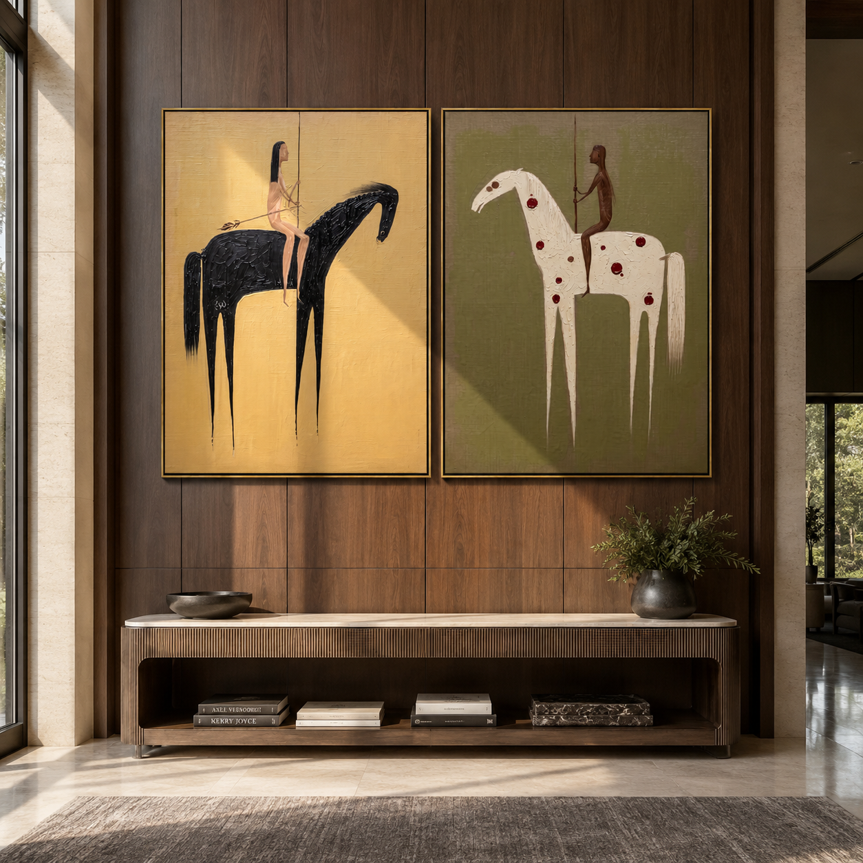 Black And White Ride paired wall art styled above modern furniture