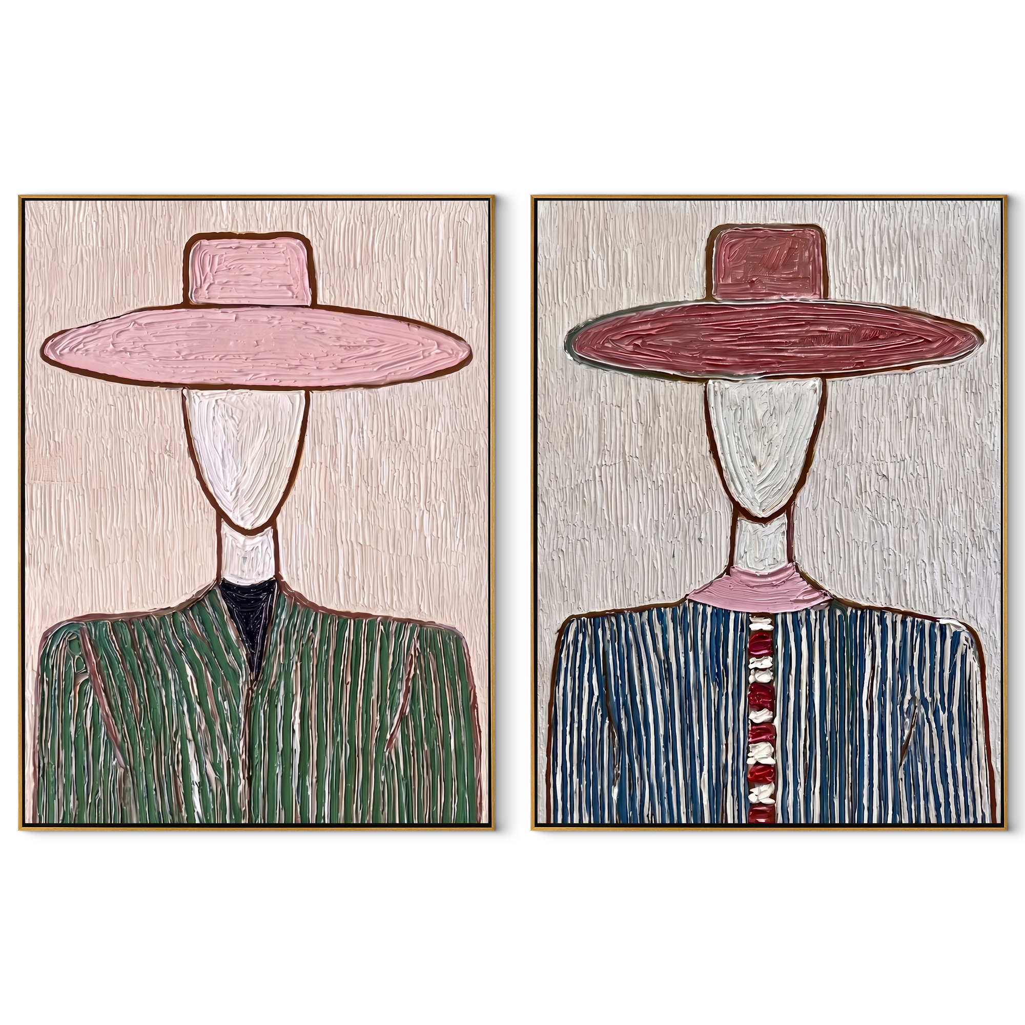 Pinstripe Brims Hide Faces set of two vertical canvas artworks on white