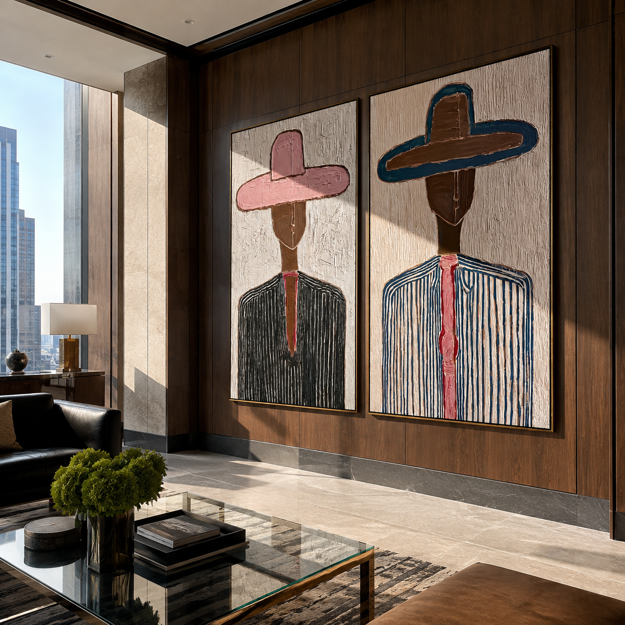 Blue Shirts Stand Tall paired wall art styled above modern furniture